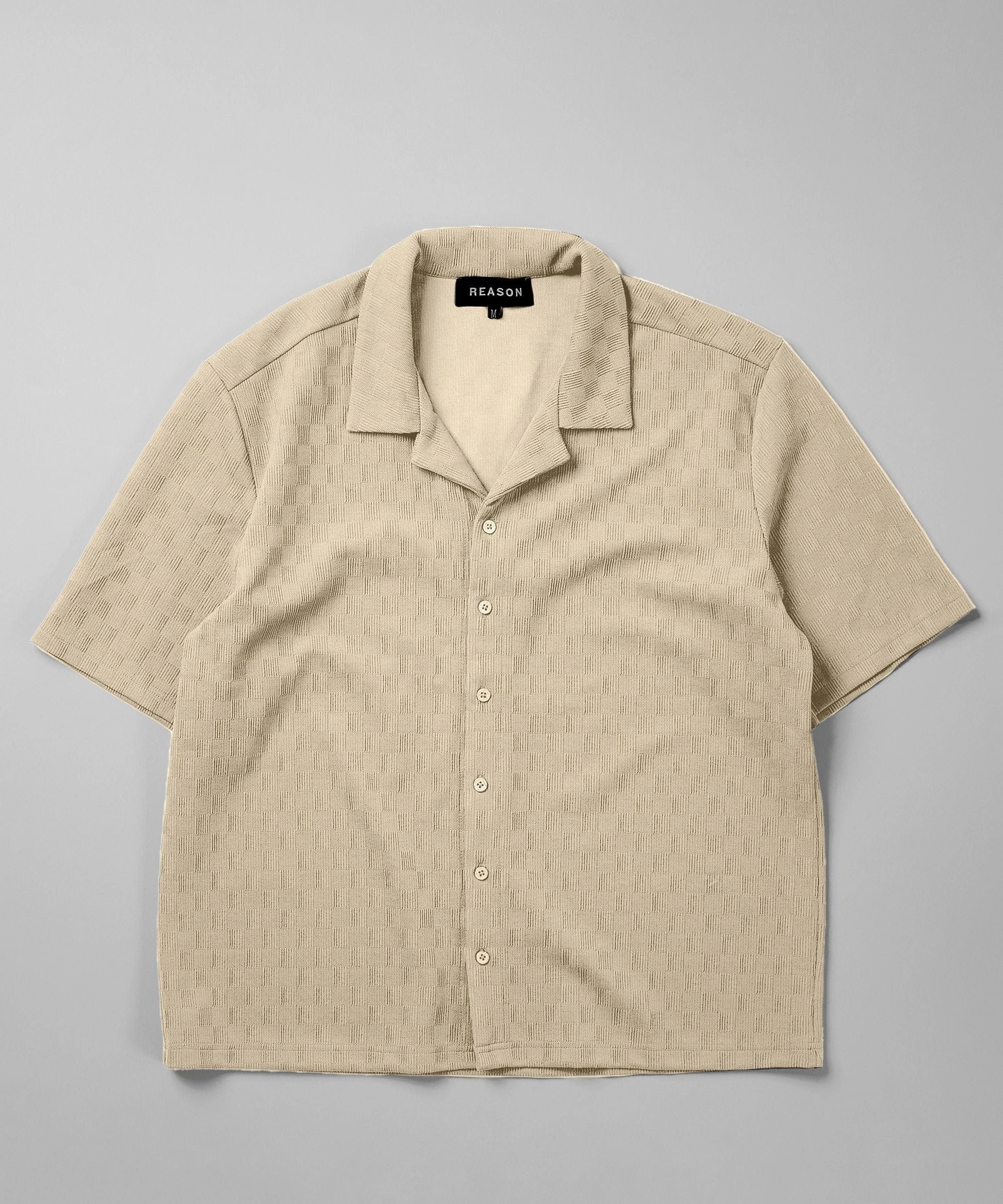 AthleisureCompatible Textured Knit Short Sleeve Button Down Shirt - Beige
