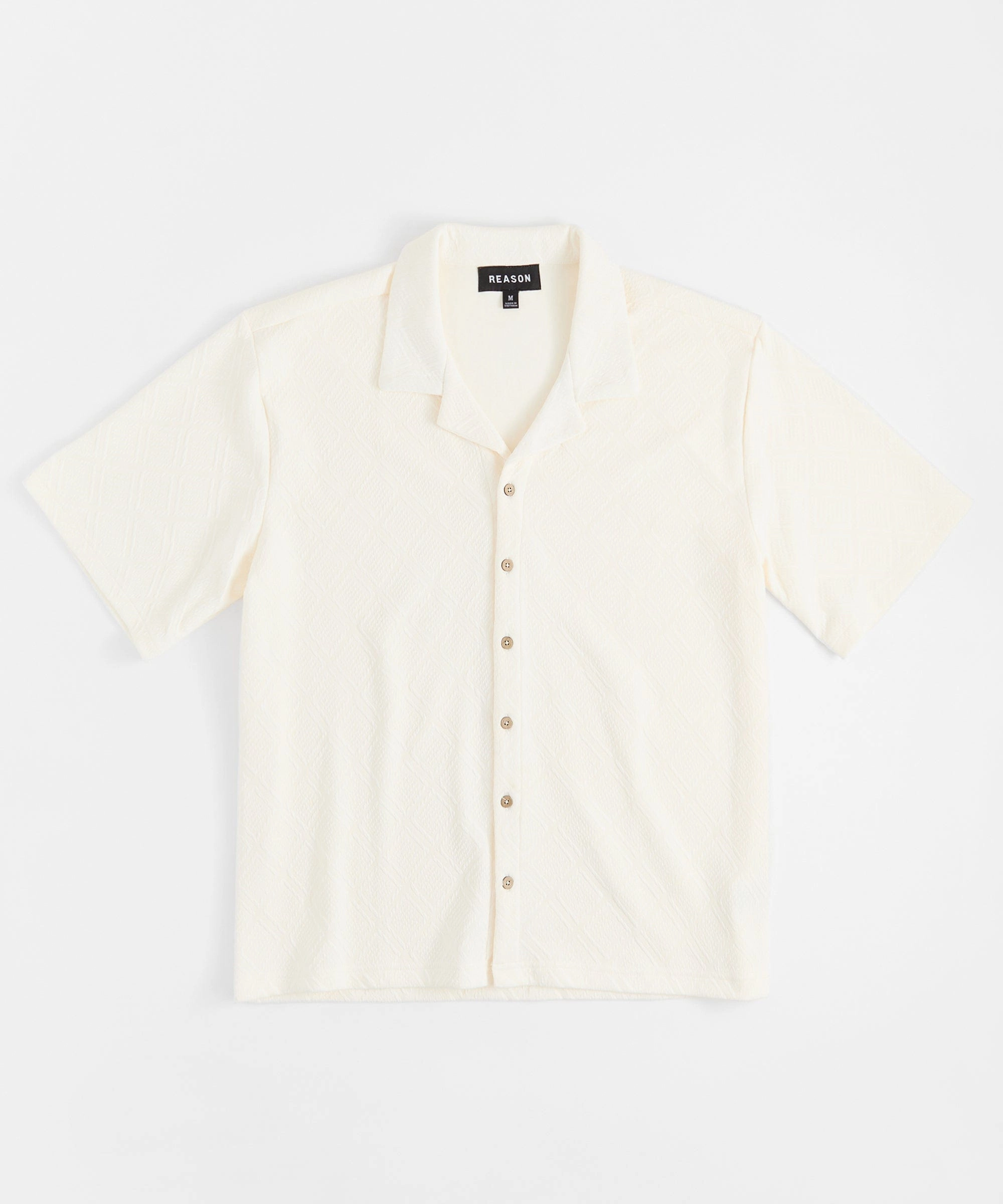Wrinkle Resistant Texture Textured Knit Short Sleeve Button Down Shirt - Light Beige