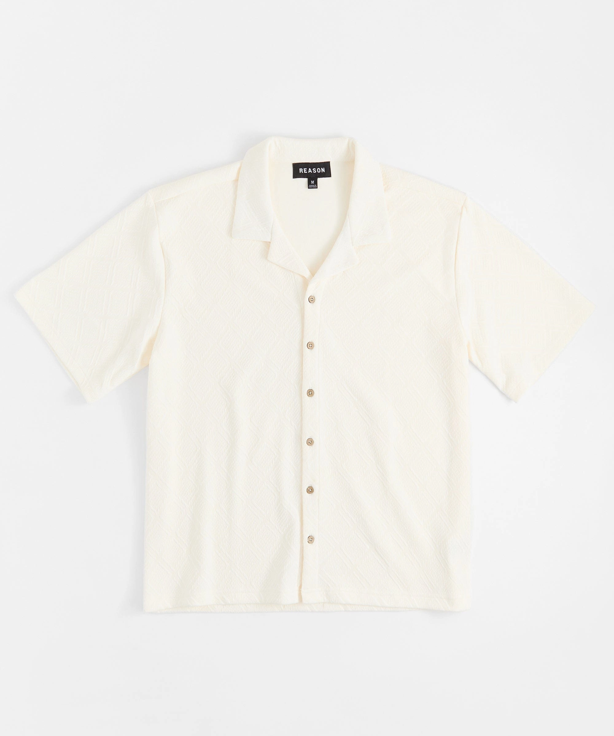 Textured Knit Short Sleeve Button Down Shirt - Light Beige WrinkleFree Structure ThermalRegulation