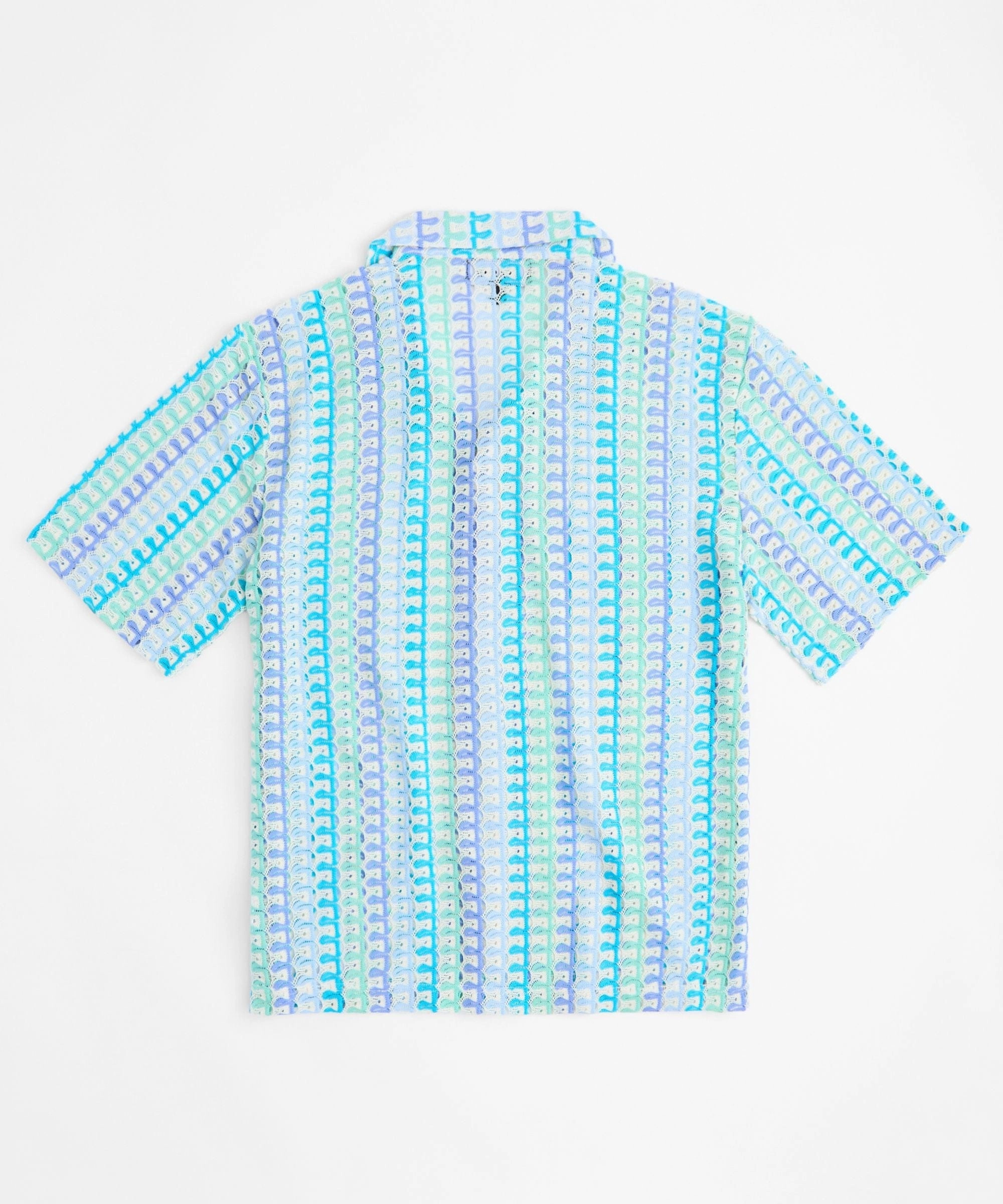 Textured Knit Short Sleeve Button Down Shirt - Light Blue Compact Jacquard Weave