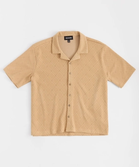 VersatileNeckline Cozy Fit Textured Knit Short Sleeve Button Down Shirt - Taupe