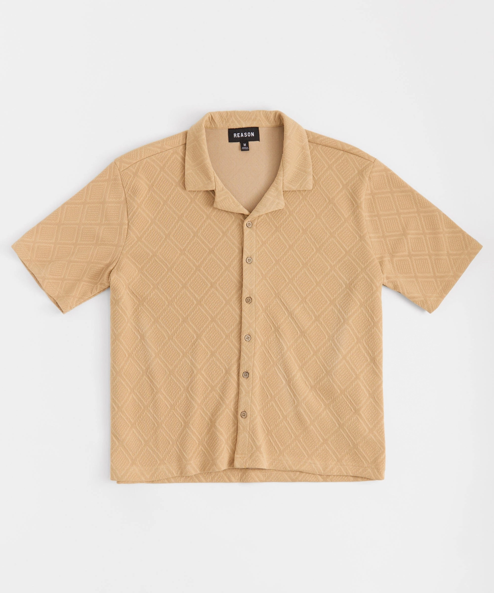 Lightweight Layering Option Light Reflective Printing Textured Knit Short Sleeve Button Down Shirt - Taupe