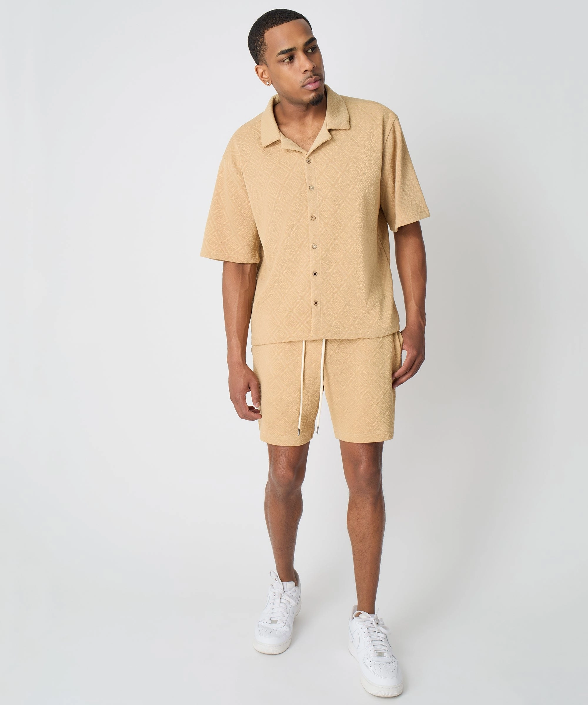 Circular Knit RawHemDetail Textured Knit Short Sleeve Button Down Shirt - Taupe