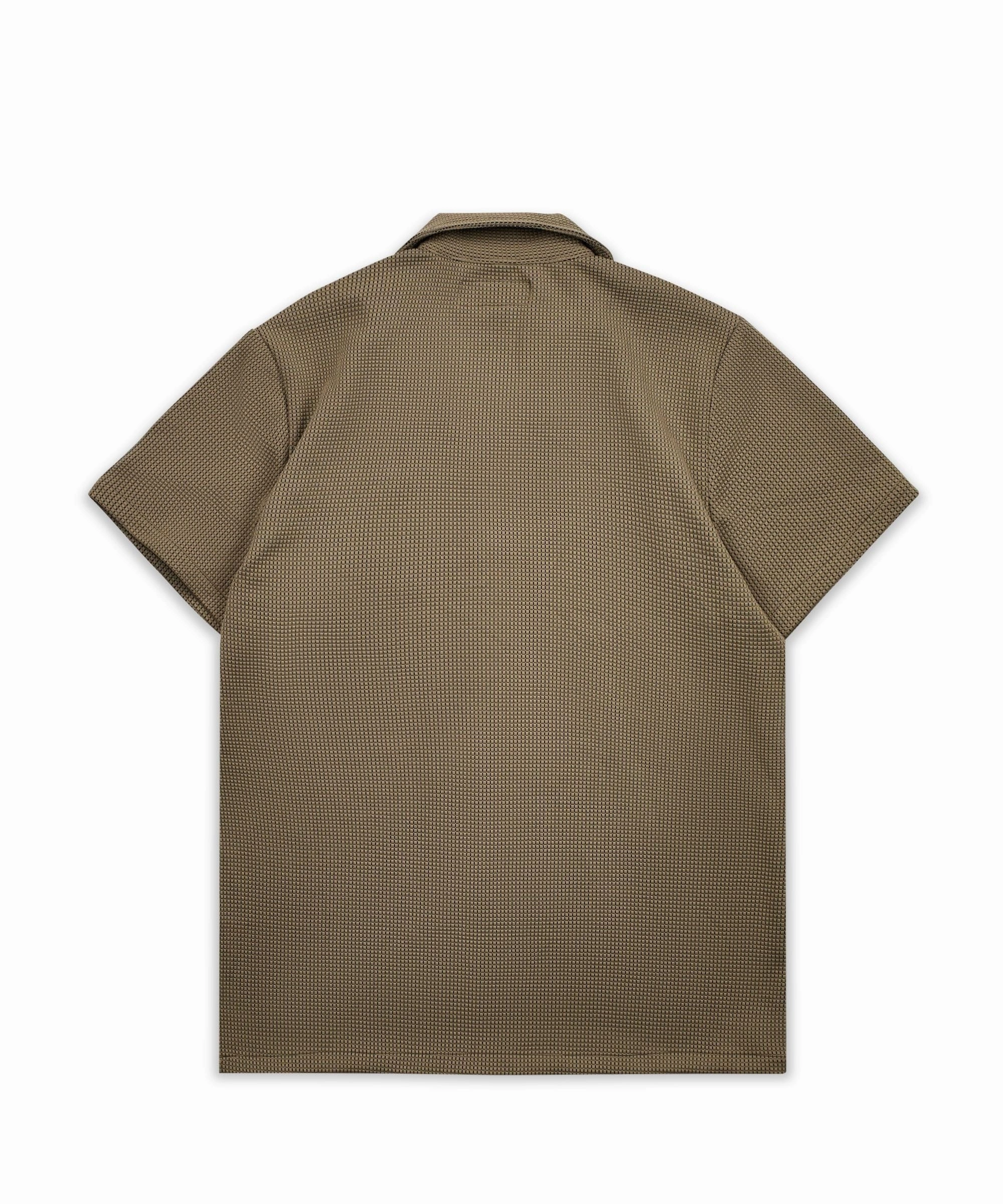 Relaxed Crew Neck Opening Textured Short Sleeve Button Down Shirt - Brown