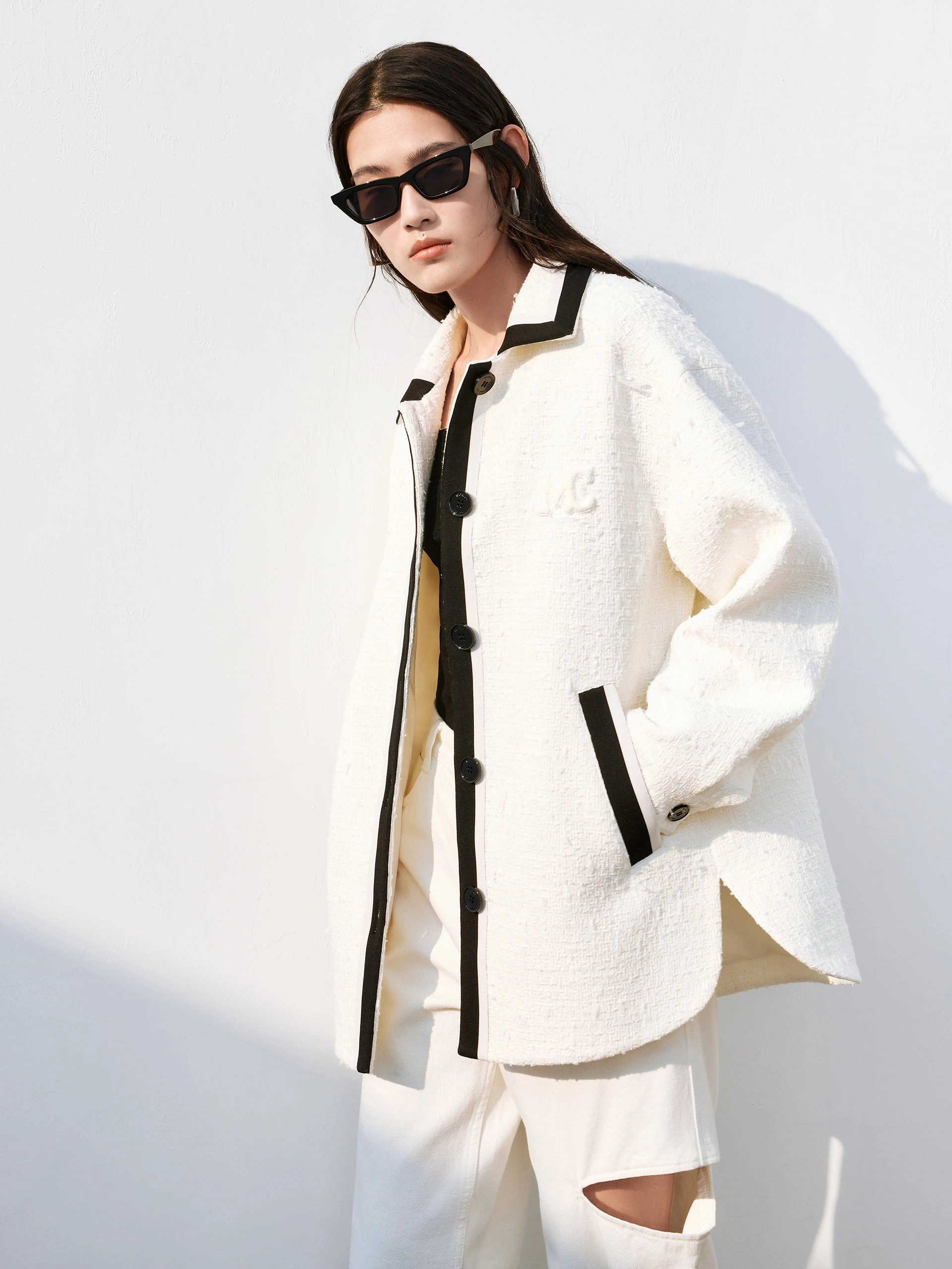 Contrast Tweed Shirt Jacket EasyClean Coating Street Fashion