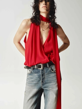 Ribbed Trim Details Silk V-neck Tie Blouse
