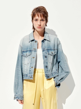 Cropped Cotton Denim Jacket WaterRepellentExterior Dry Weather Look