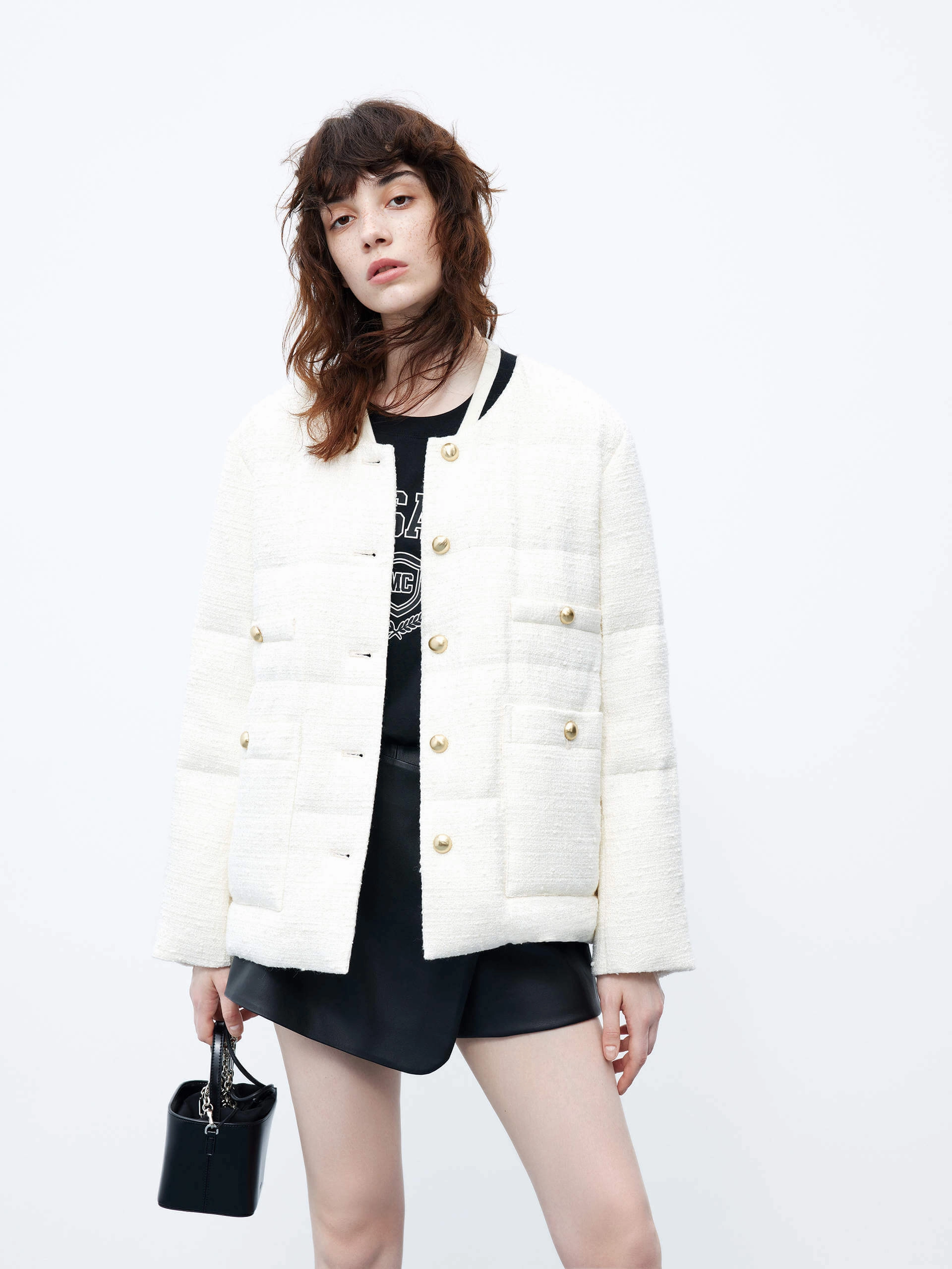 Water Resistant Tweed Textured Quilted Down Jacket