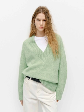 V-neck Fluffy Knit Sweater SweatAbsorbent ReinforcedArmholes