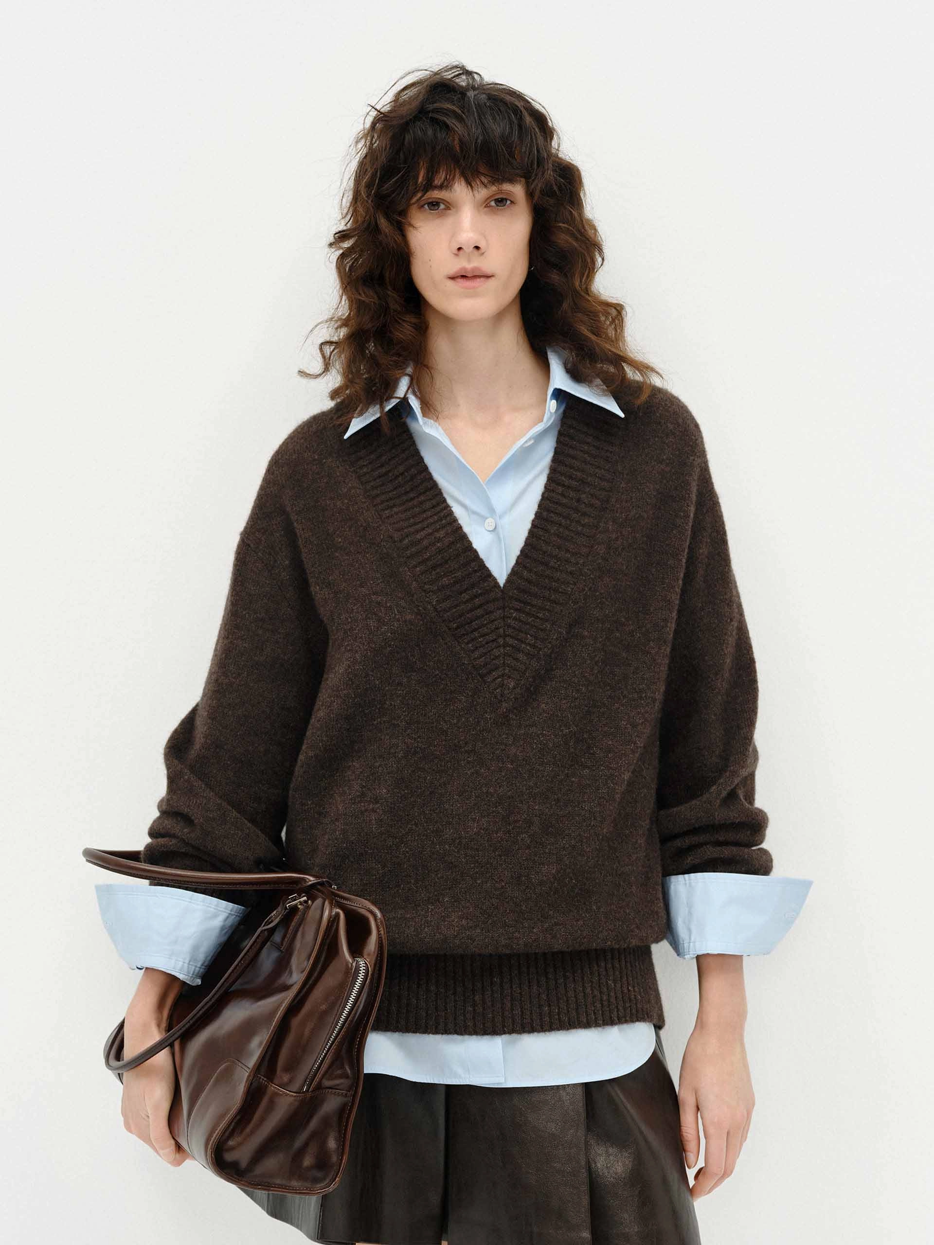 V-neck Fluffy Knit Sweater ReinforcedShoulders