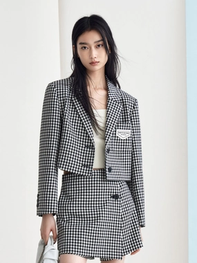 Wool Blend Lapel Crop Suit Jacket Layered Neckline Details