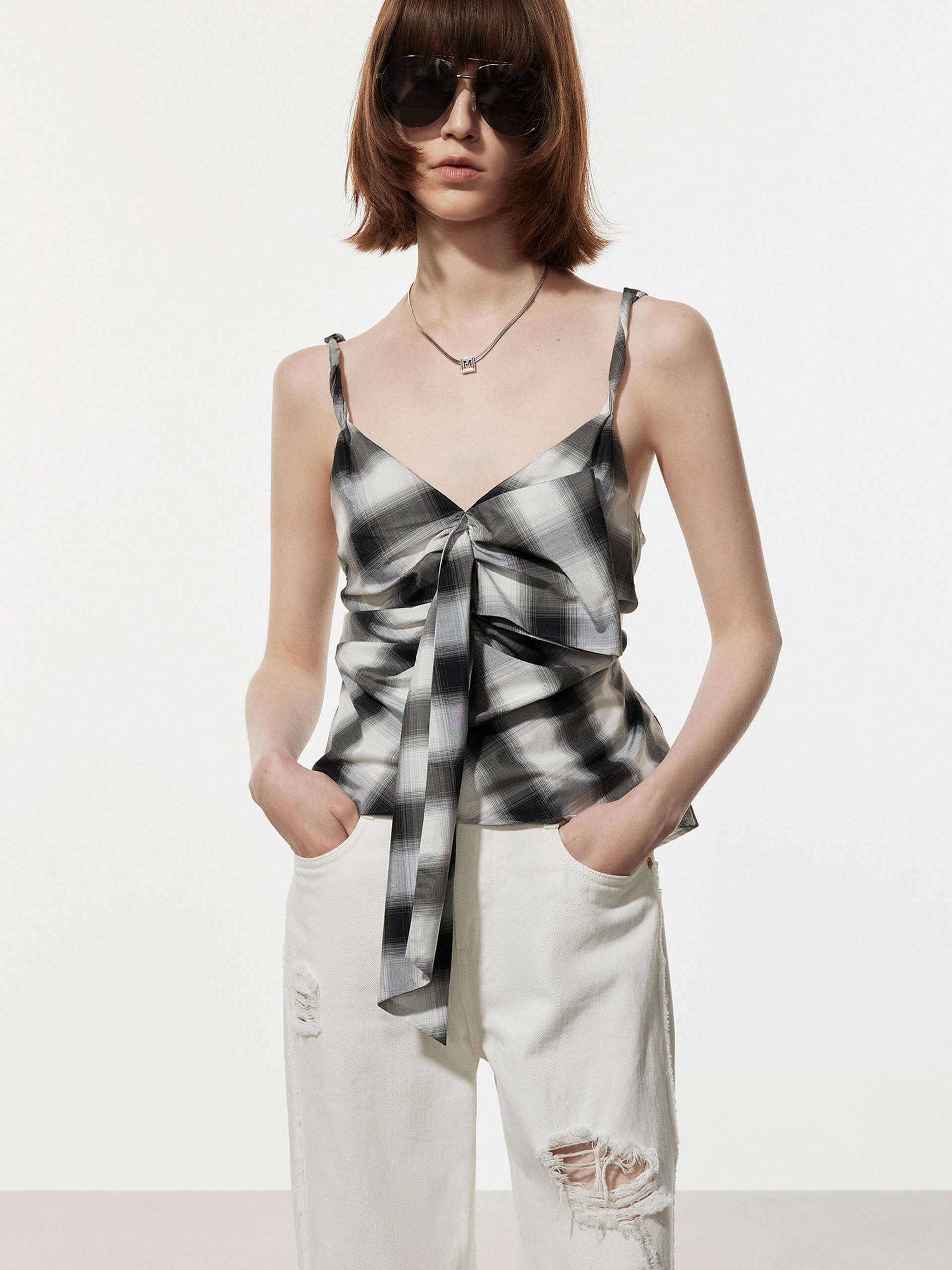 AntiPilling Technology Breathable Underarm Gussets Tie Detail Checkered Top