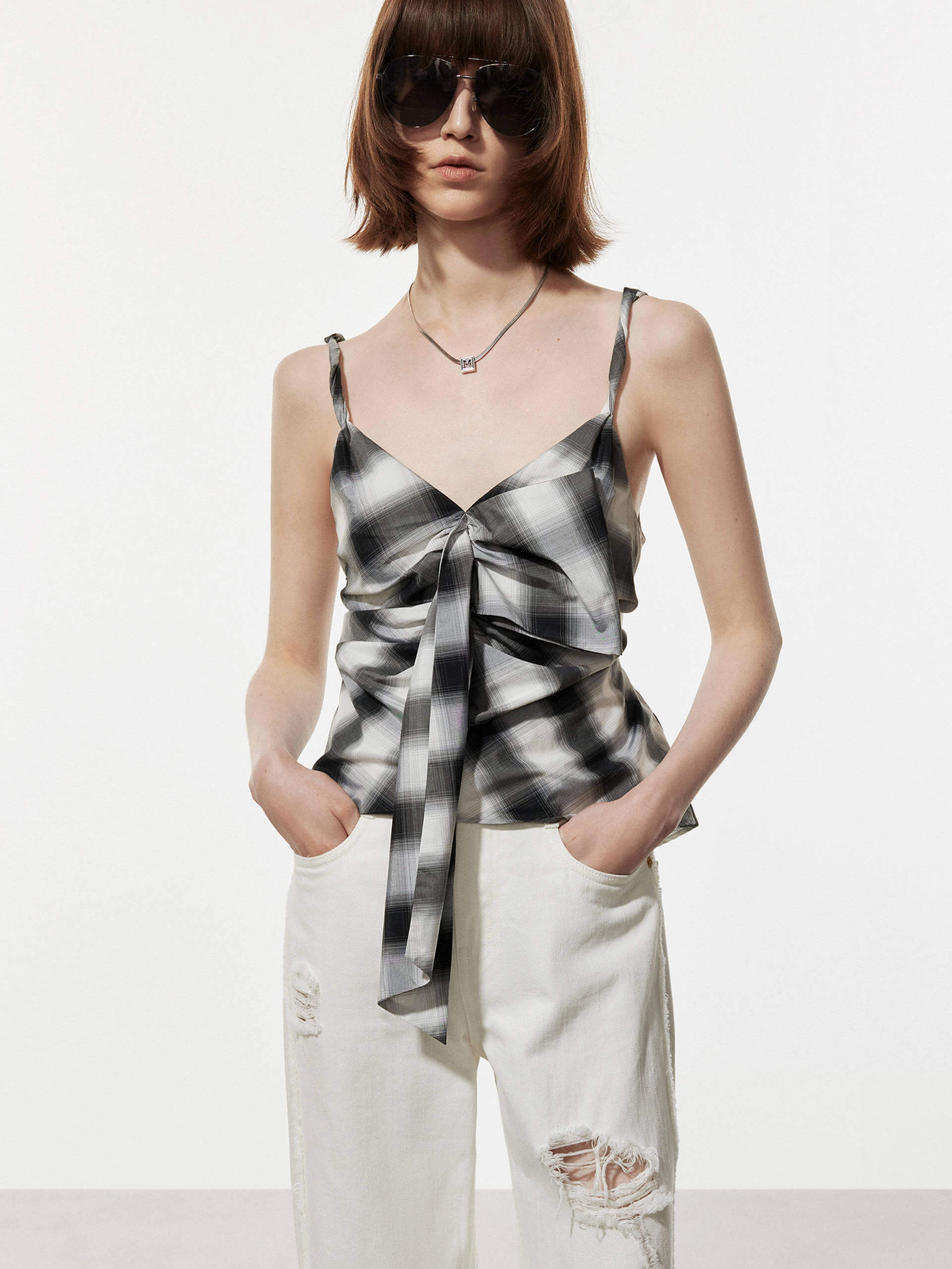 Tie Detail Checkered Top ThermalInsulation Tagless Comfort Collar