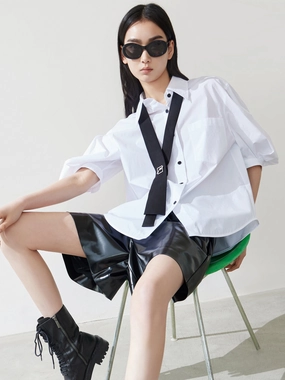 Tie Included Puff Sleeve Shirt ReinforcedShoulderConstruction LayeredPanel
