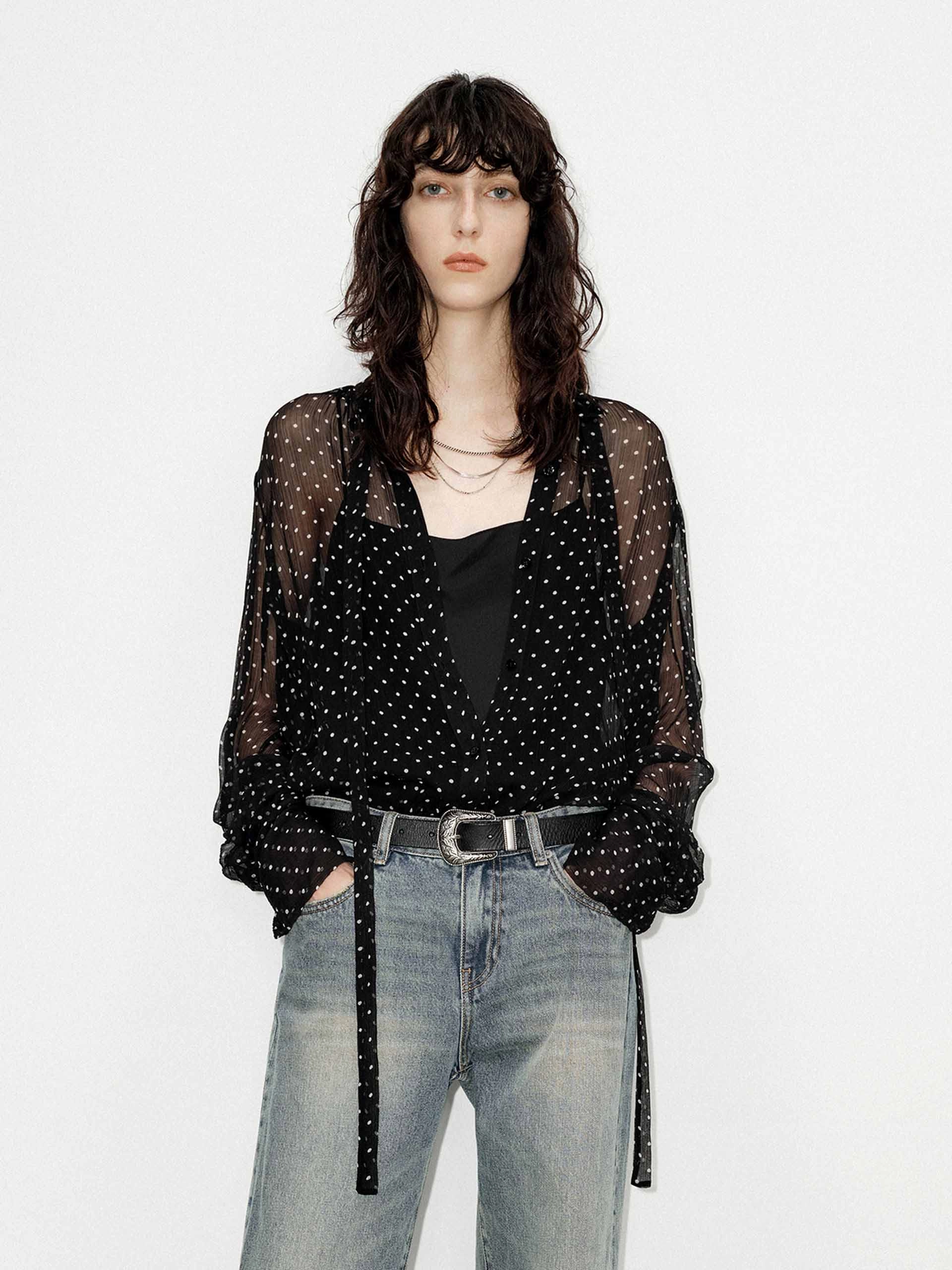 Tie Polka Dot Shirt Stretch Weave Construction Contrast Topstitching Detail