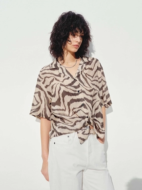 Relaxed Dress Layered Sleeve Tiger Pattern Silk Shirt