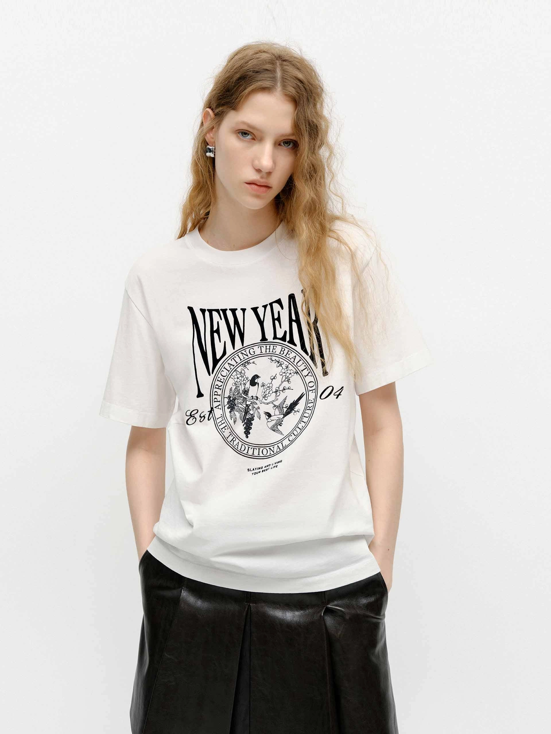 Front Printed Cotton T-shirt Fashionable Fit Cashmere combination