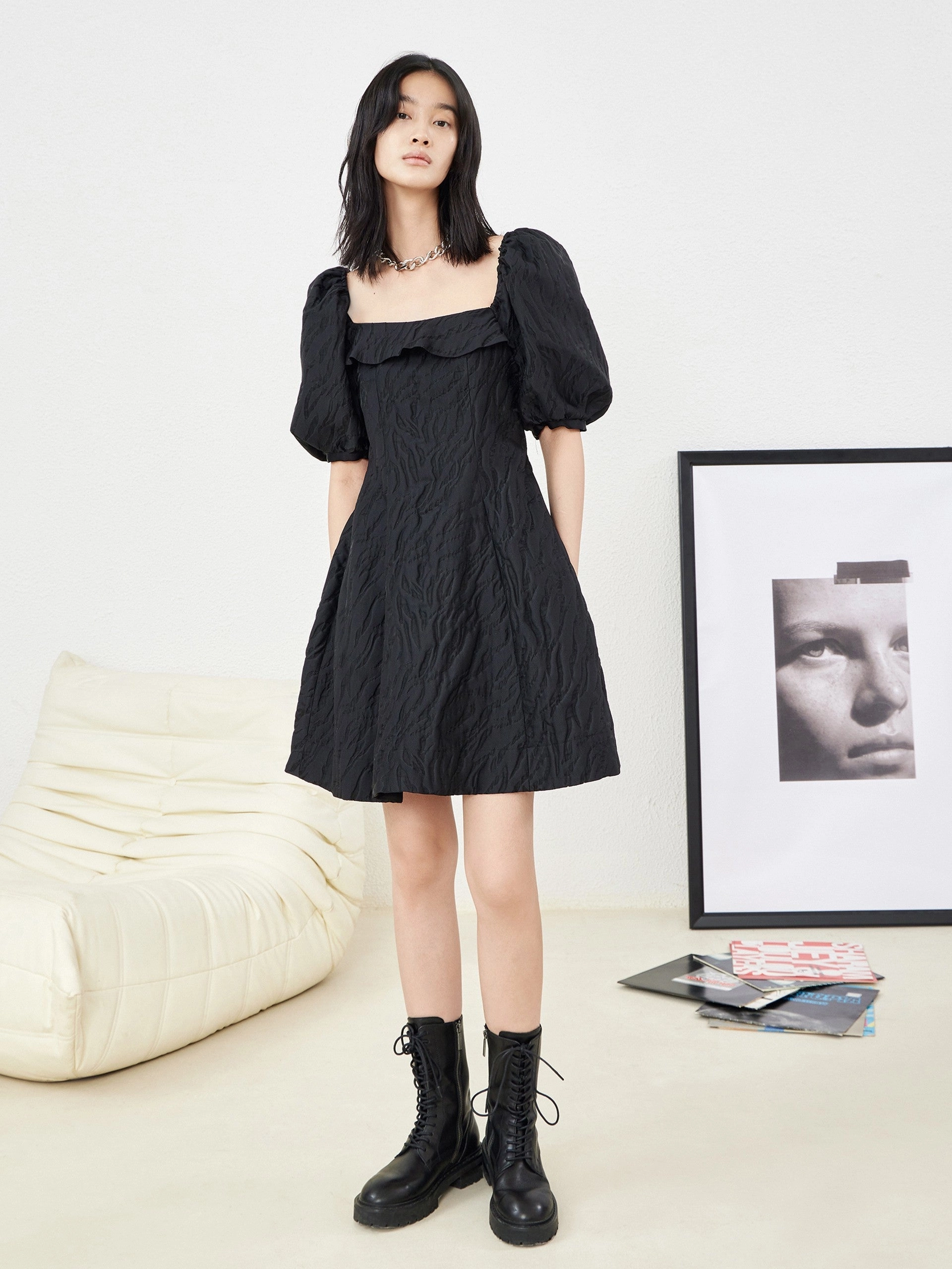 Ruffle Neck Puff Sleeve Dress Smart Vibe Soft Mesh