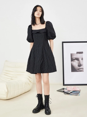 Warranty-Included Casual Chic Ruffle Neck Puff Sleeve Dress
