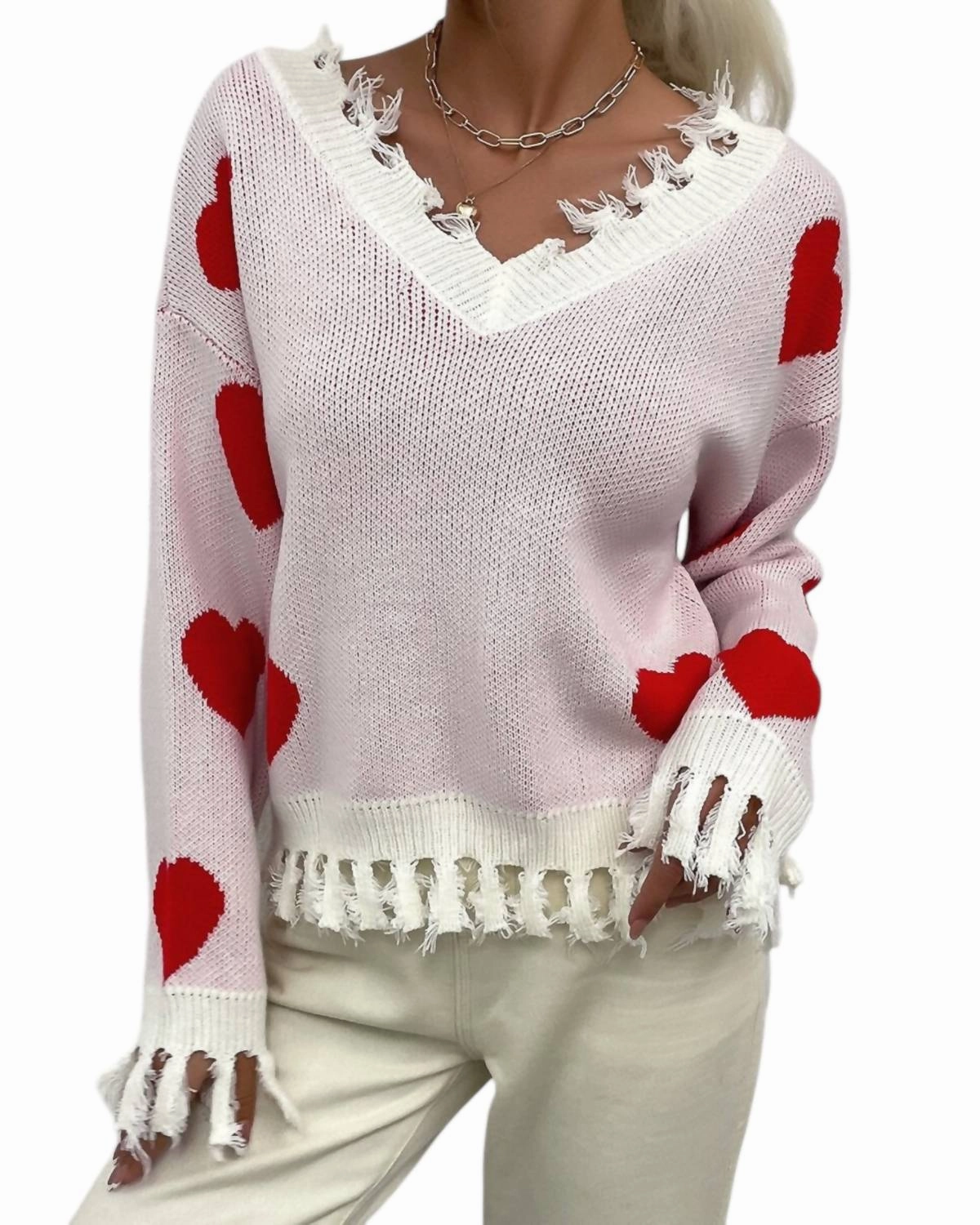 Soft and Cozy Knit Everyday Comfort Wear Touch My Heart Sweater In Red