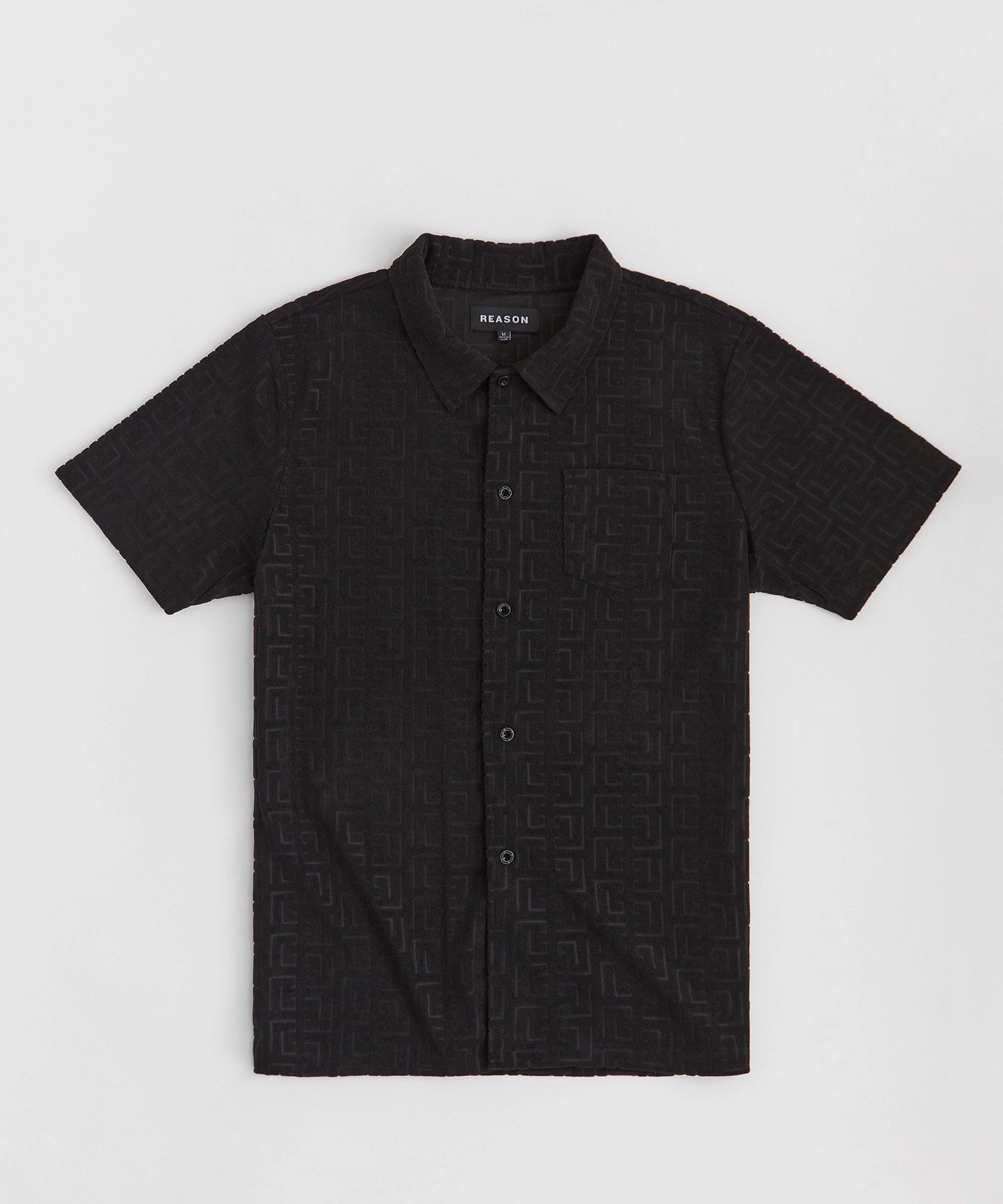 Layered Ply Construction Comfortable Look Towel Short Sleeve Embossed Pattern Button Down Shirt - Black