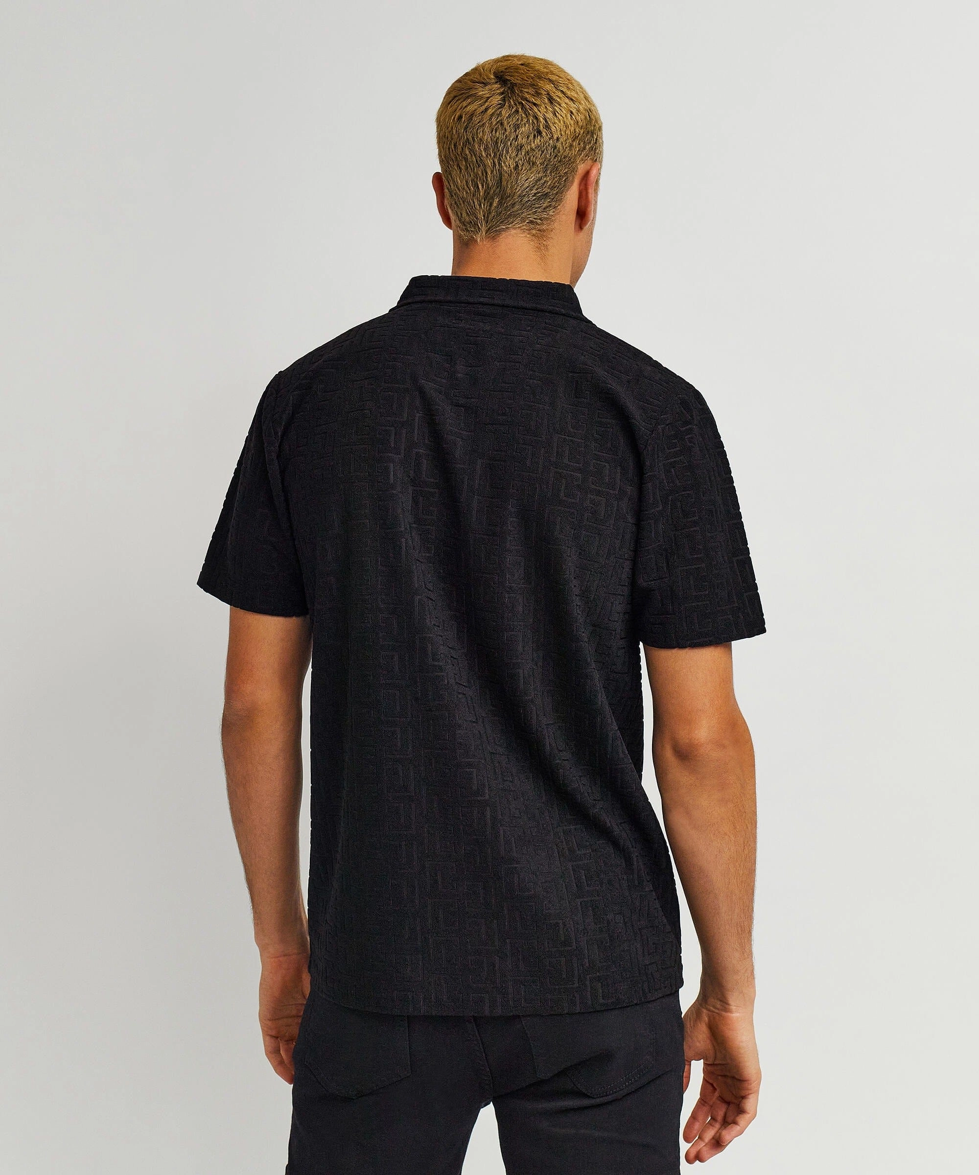 Towel Short Sleeve Embossed Pattern Button Down Shirt - Black Midweight Four Way Stretch