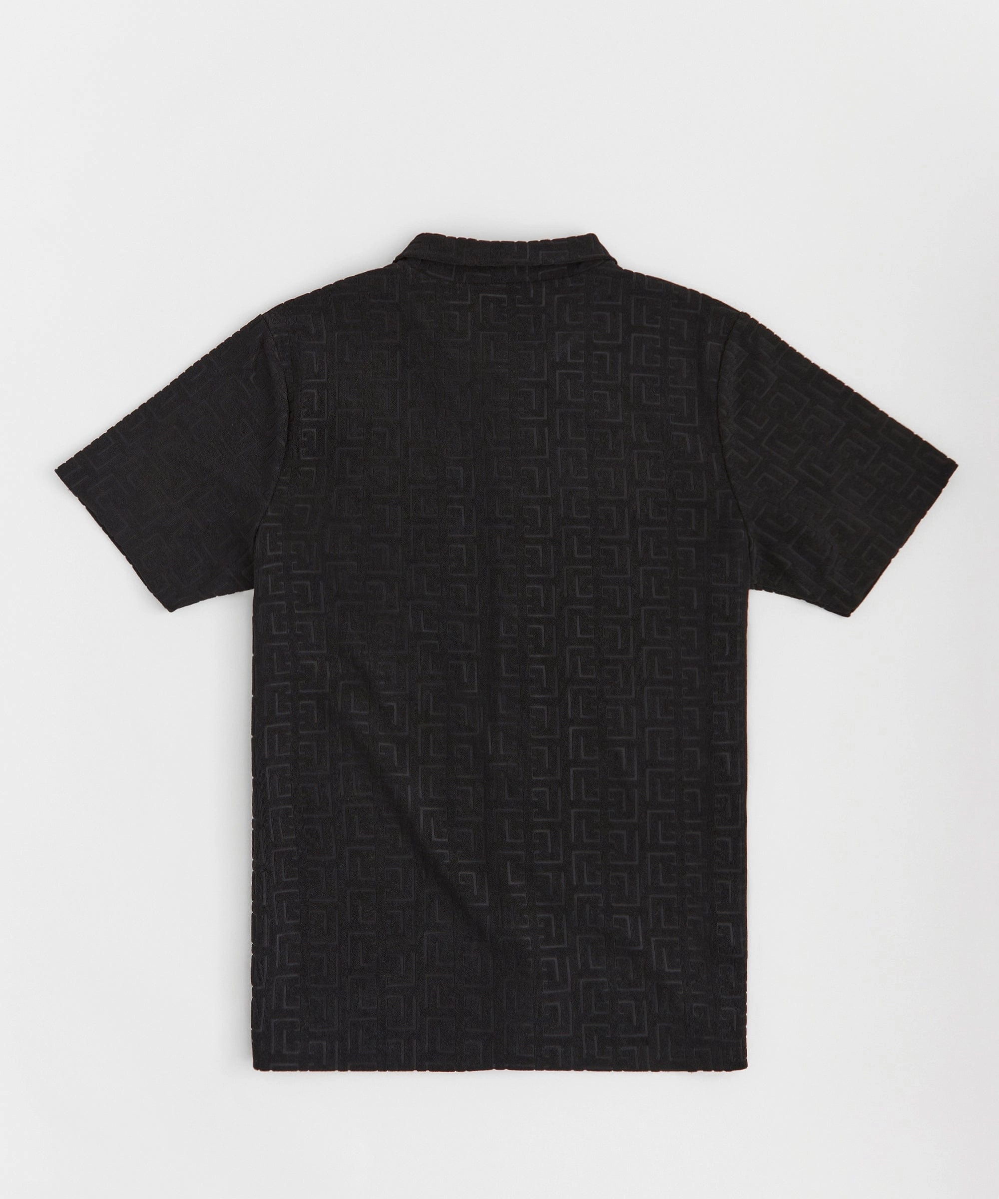 Towel Short Sleeve Embossed Pattern Button Down Shirt - Black Brushed Microfiber Surface