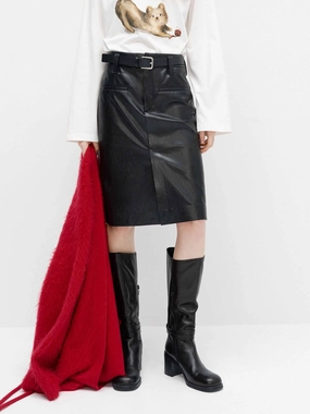 PU Leather Straight Midi Skirt Stretching Fit NonSlipInnerGrip