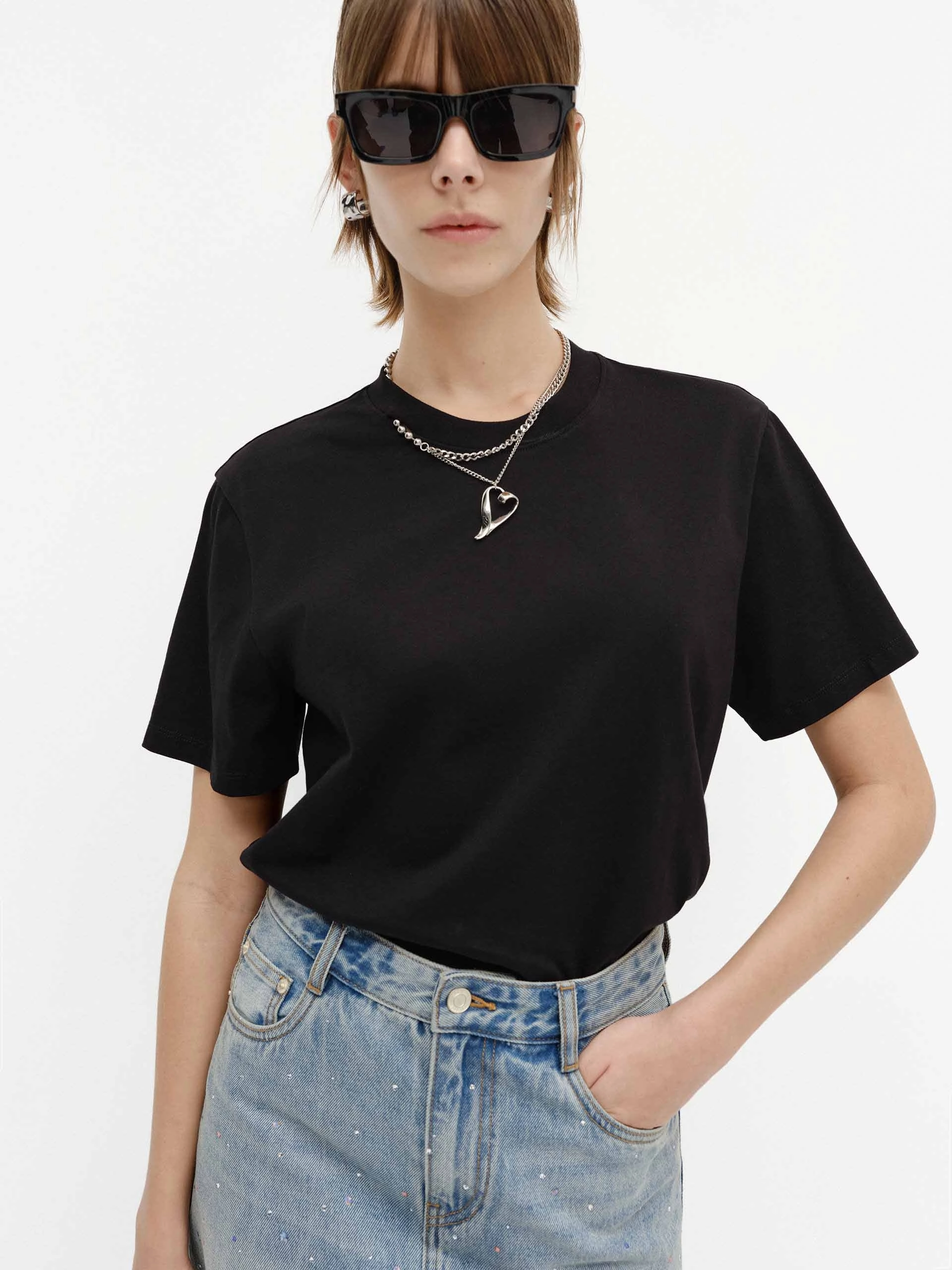 Cutout Neck Cotton T-shirts Airflow Mesh Panels