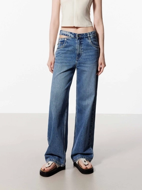 Deconstructed Cotton Jeans Adjustable Belt Loops Vintage Wash