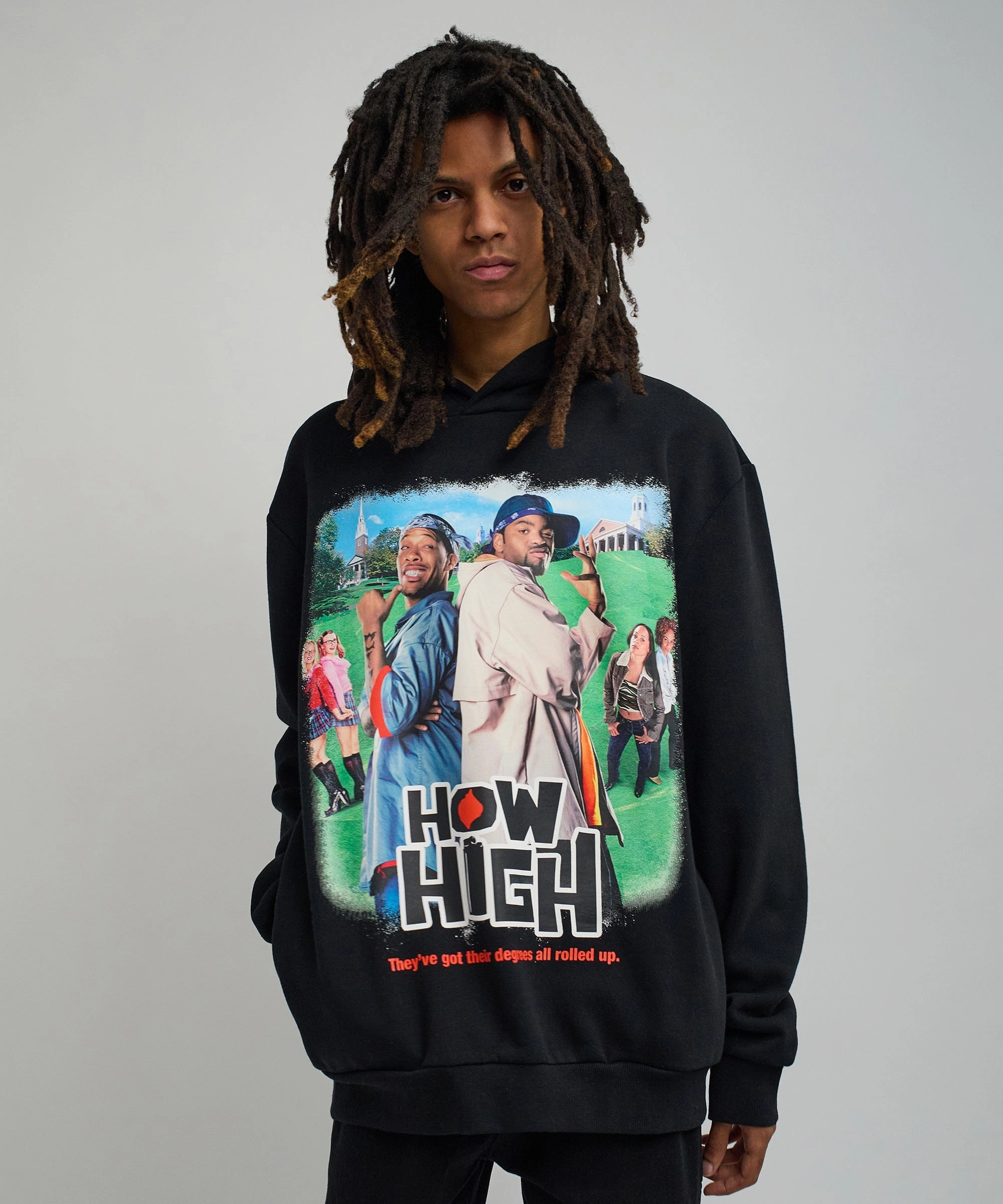 Reflective Safety Trim How High Oversized Front Print Hoodie - Black