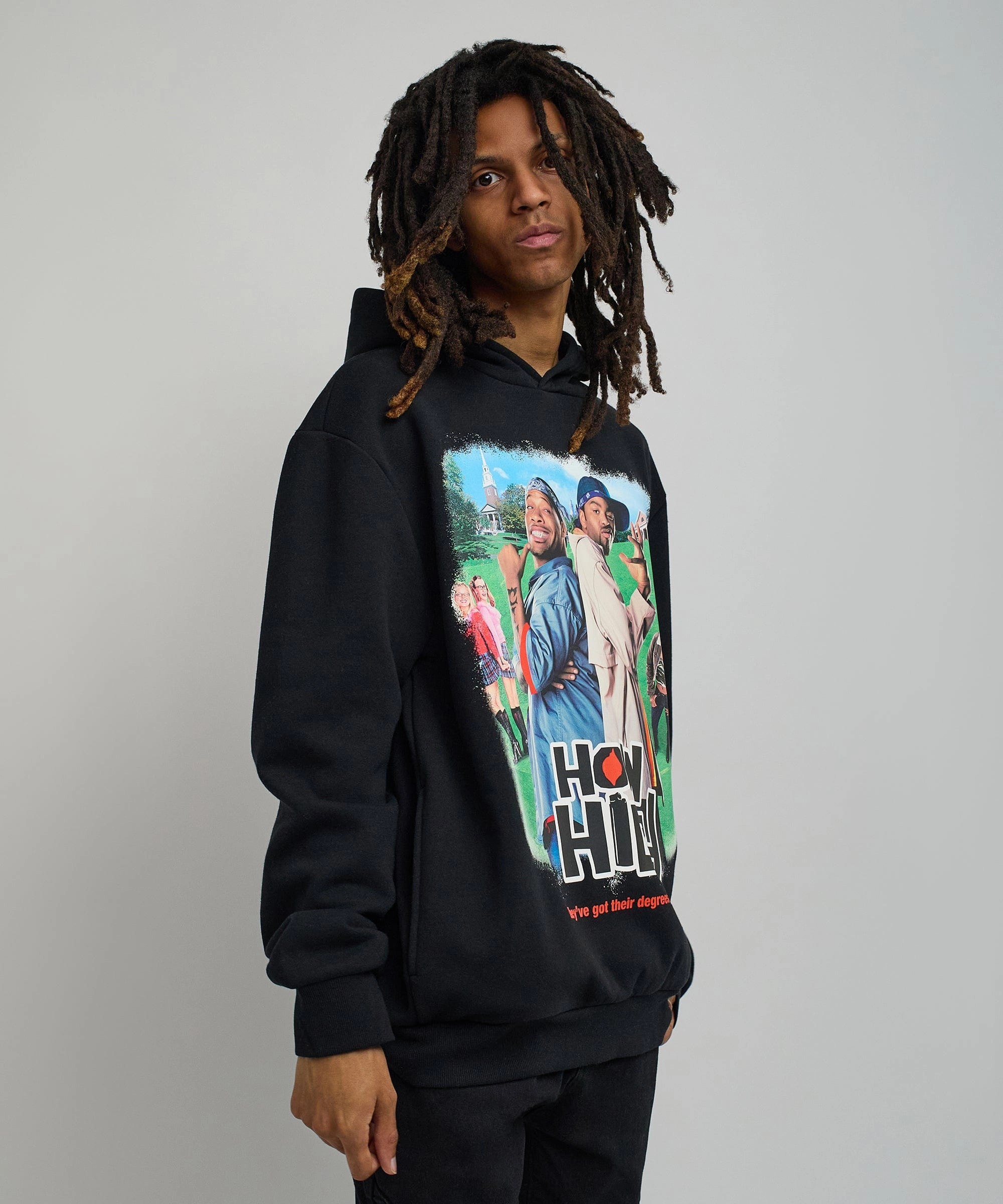 Sheer Overlay Material ThermalLining How High Oversized Front Print Hoodie - Black