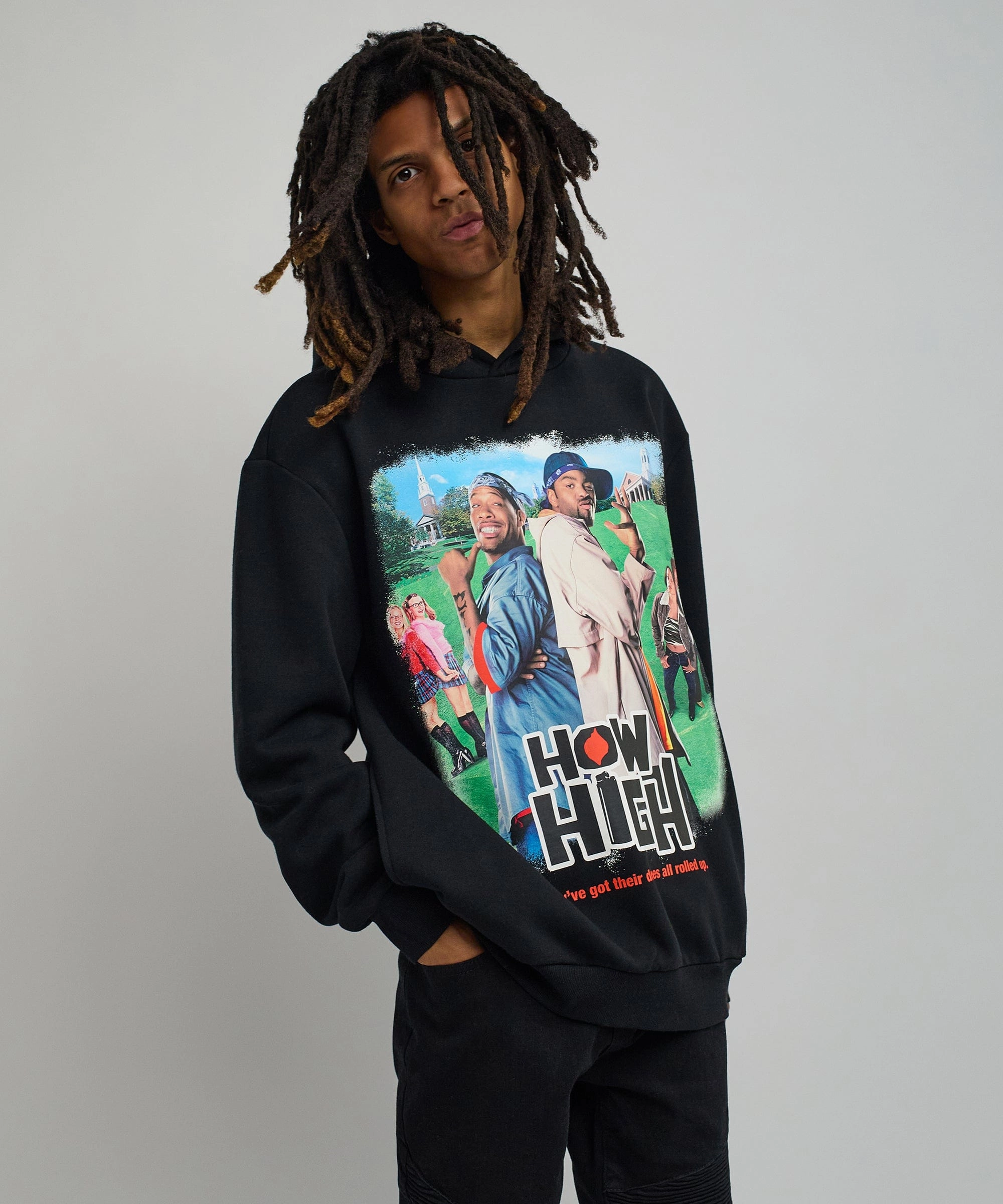 How High Oversized Front Print Hoodie - Black Casual Long Sleeve