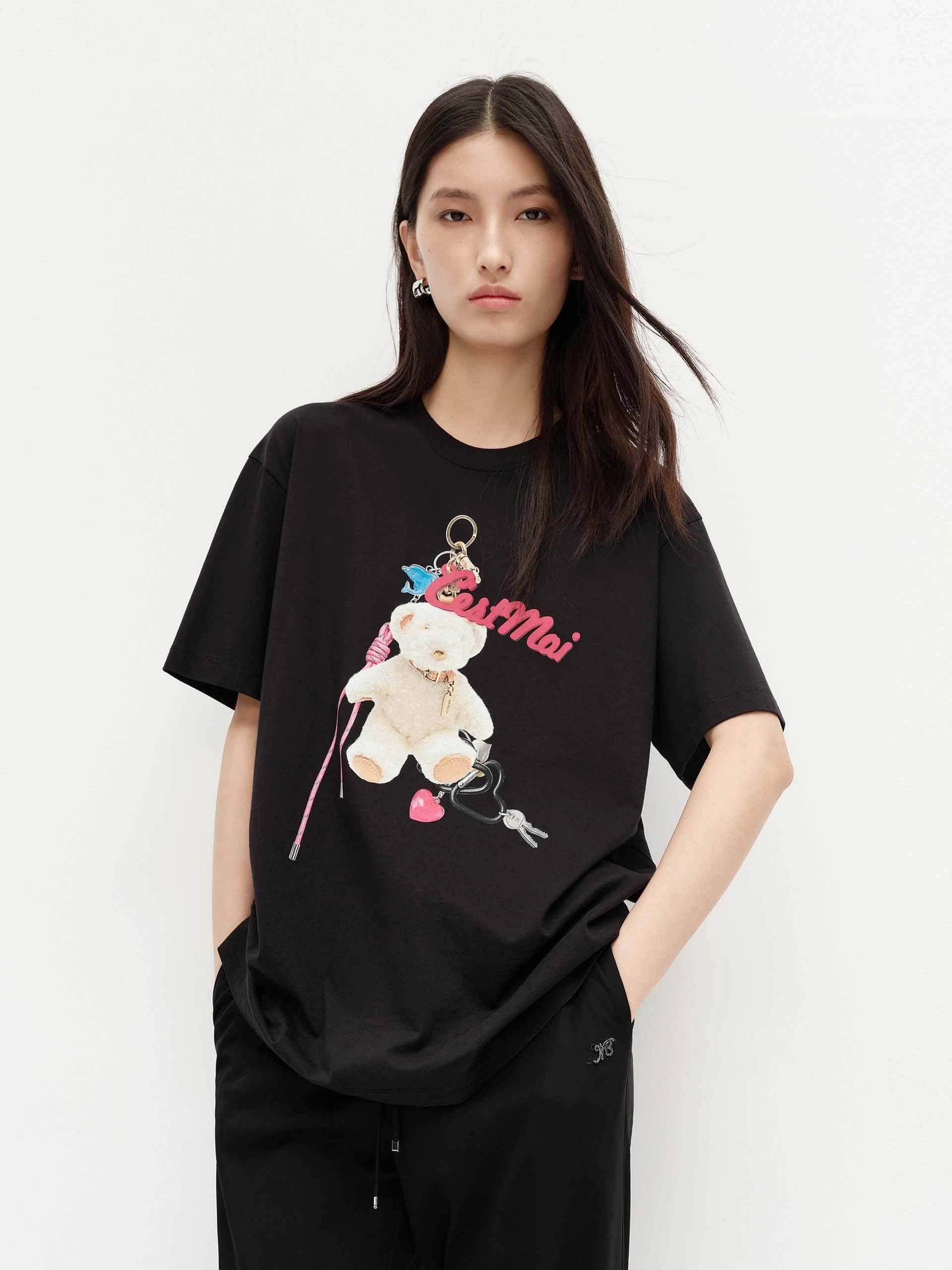 Front Bear Print Cotton T-shirt Boat Neck Scoop neck femininity