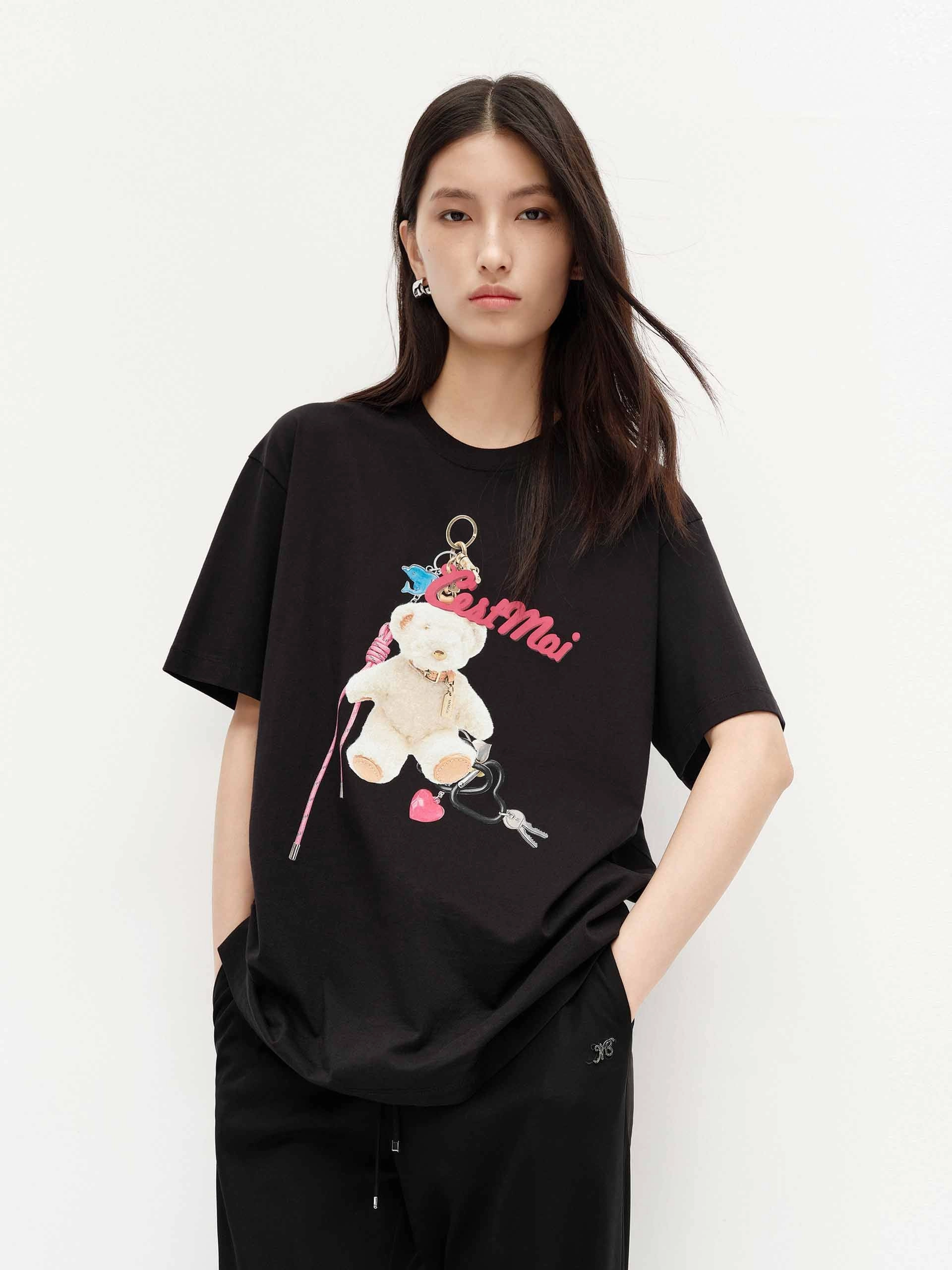 Front Bear Print Cotton T-shirt Thermoregulating Fabric