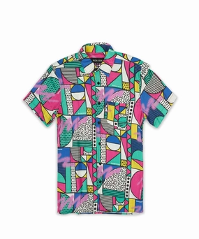 Compose Allover Geometric Print Short Sleeve Shirt Metallic Fiber Blend Elasticized Waistband