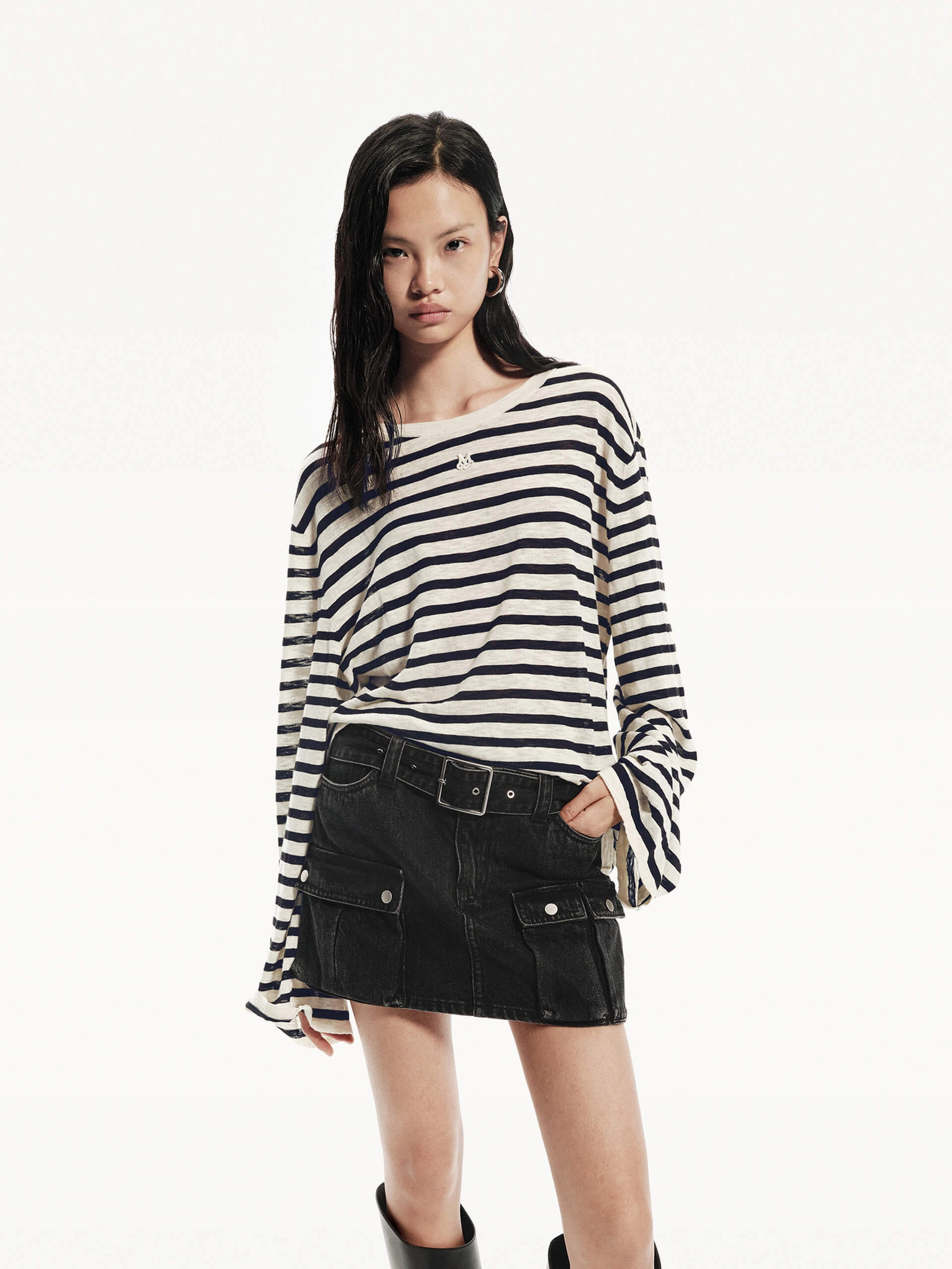 Lightweight Striped Knit Top OdorResistantTreatment