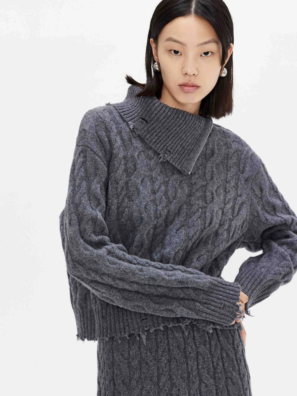 Turtleneck Cable Knitted Sweater Neutral Tone Stitching