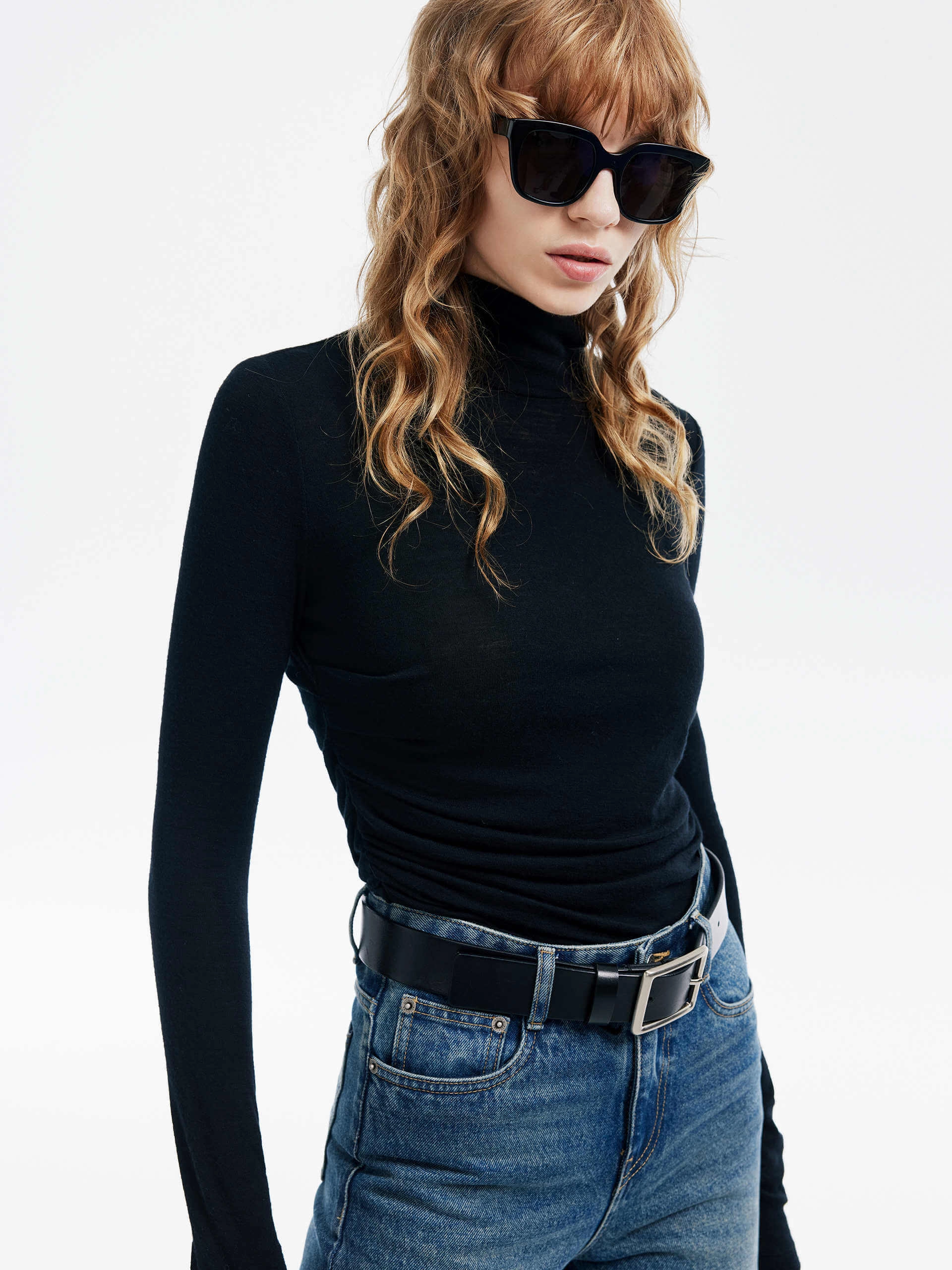 Classic Cut Turtleneck Pleated Detail Top