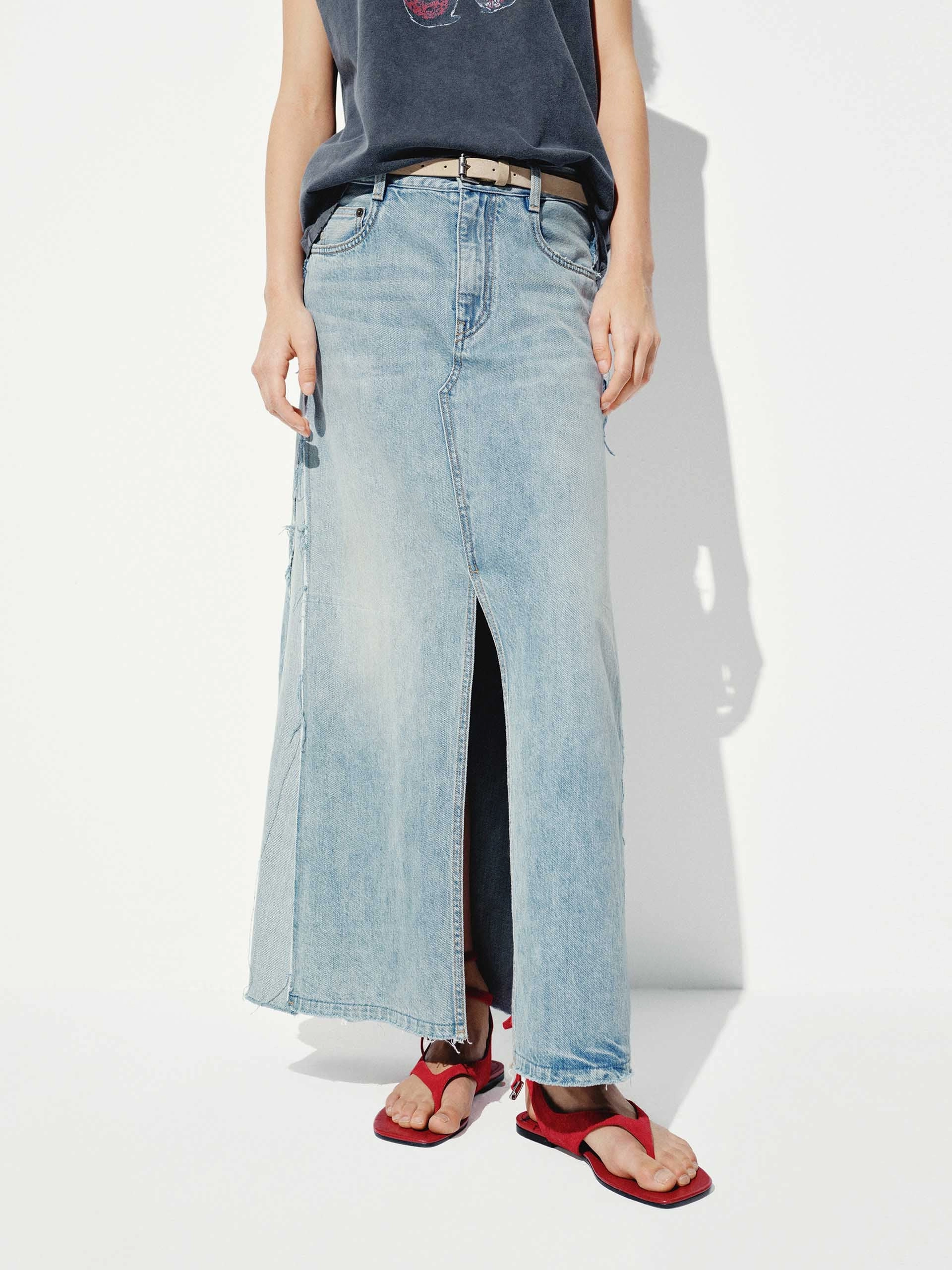 High Rise Design Paneled Detail Maxi Denim Skirt