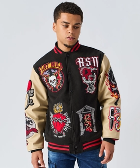 Mercy Embroidered Varsity Jacket PU - Black Minimalist Design Seamless Design