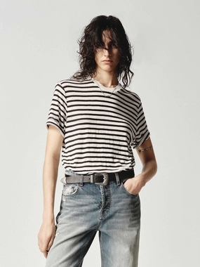 Linen Blend Striped T-shirt Sporty Comfort Wear right size