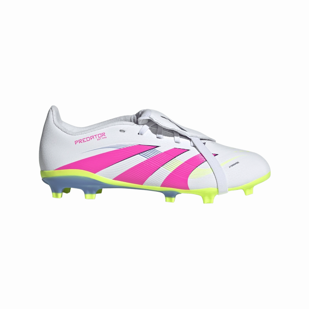 Adidas Predator League Fold-Over Tongue FG Jnr Football Boots (White/Lucid Pink/Lucid Lemon) Torsional Stability System Vegan Synthetic Leather