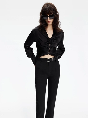 V-neck Satin Cropped Blouse Sporty Top Circular Knit