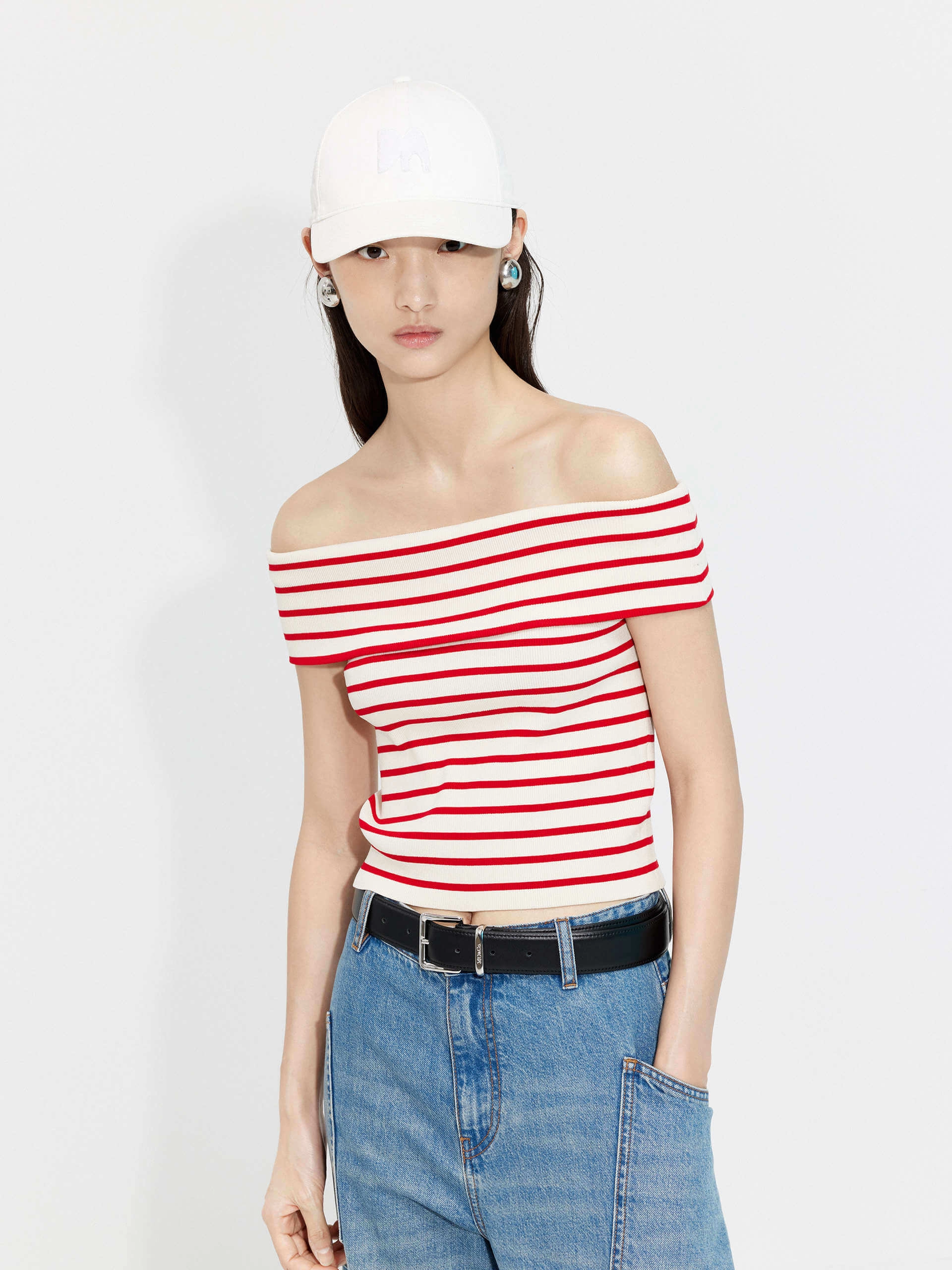 Off Shoulder Striped Knit Top ZipClosure DurableWeave