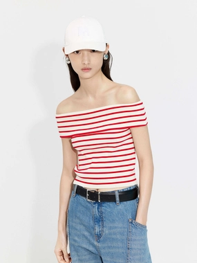 Off Shoulder Striped Knit Top ZipClosure DurableWeave