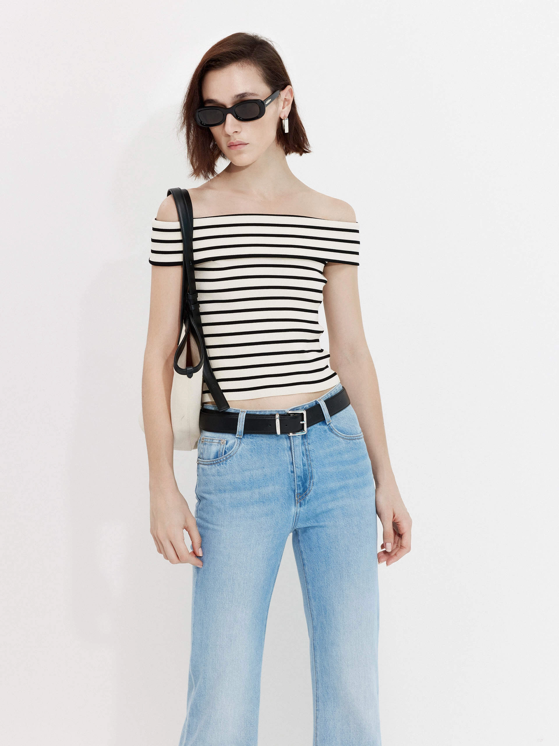 Off Shoulder Striped Knit Top Bonded Seam Durability