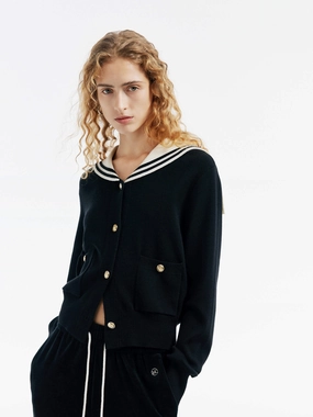 Casual Sweater Abrasion Resistant Fabric Navy Collar Knit Cardigan