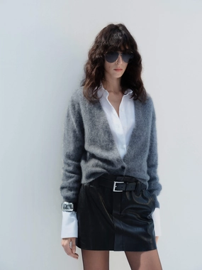V-neck Cashmere Cardigan ReinforcedStitching Ribbed Hem