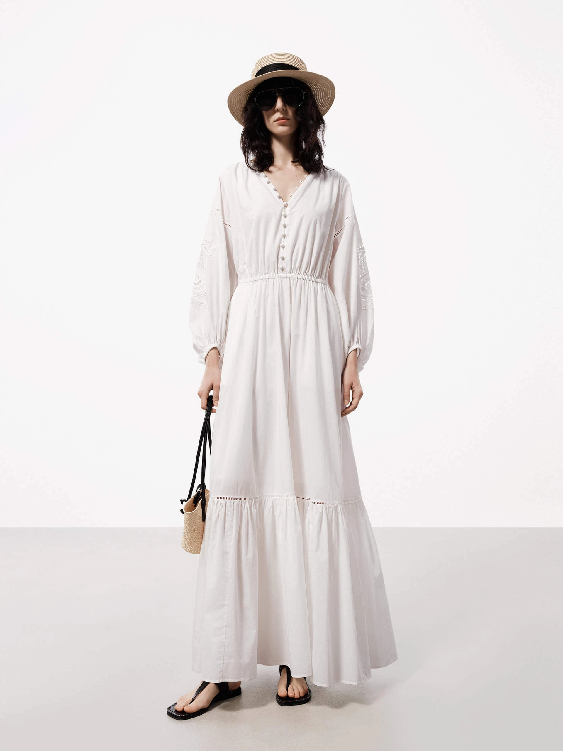 V-neck Cotton Maxi Dress Ruched-Detail